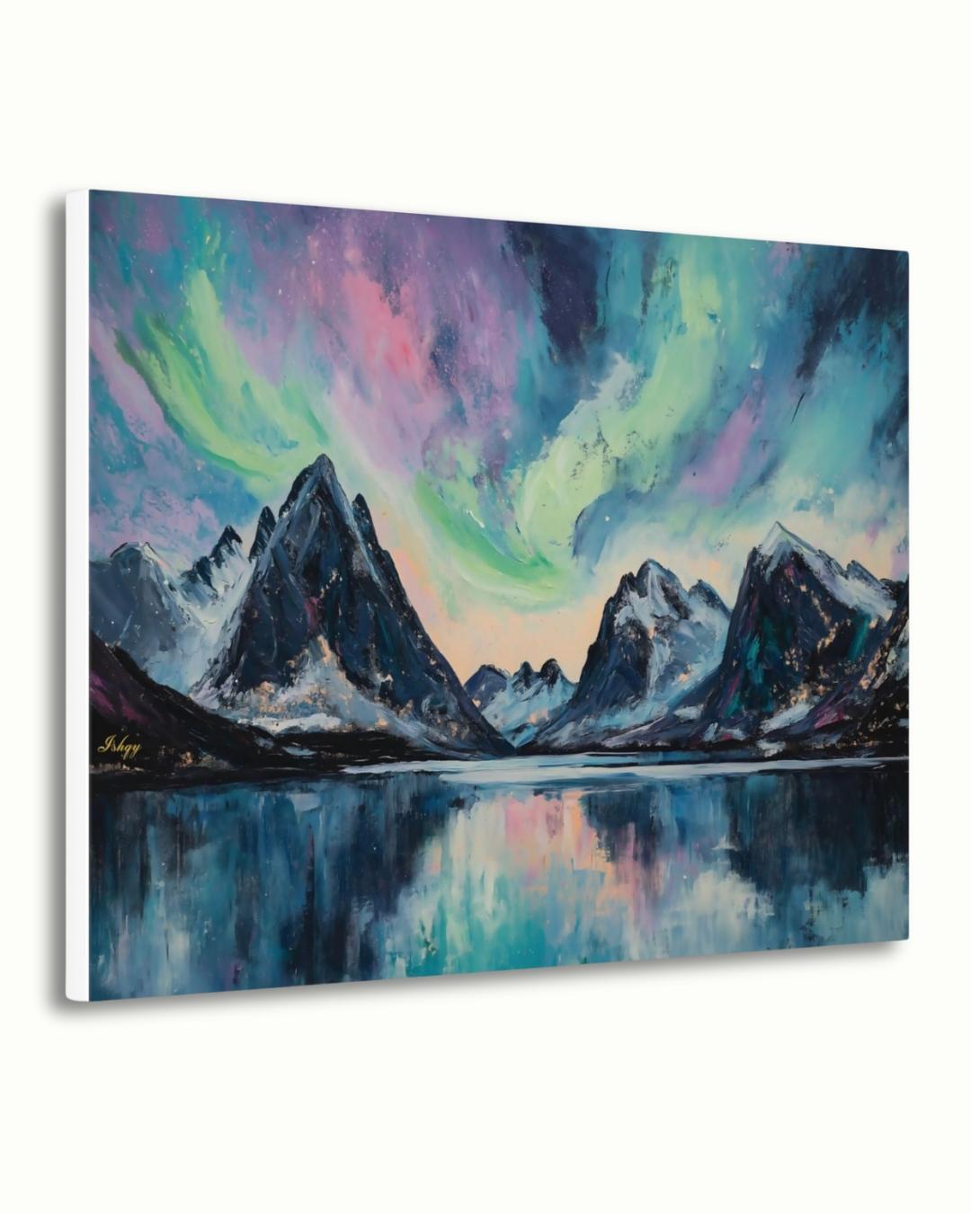 Northern Lights Painting Print, Canvas & Framed Canvas Aurora Borealis Wall Art, Arctic Mountain Landscape Home Decor Art Print