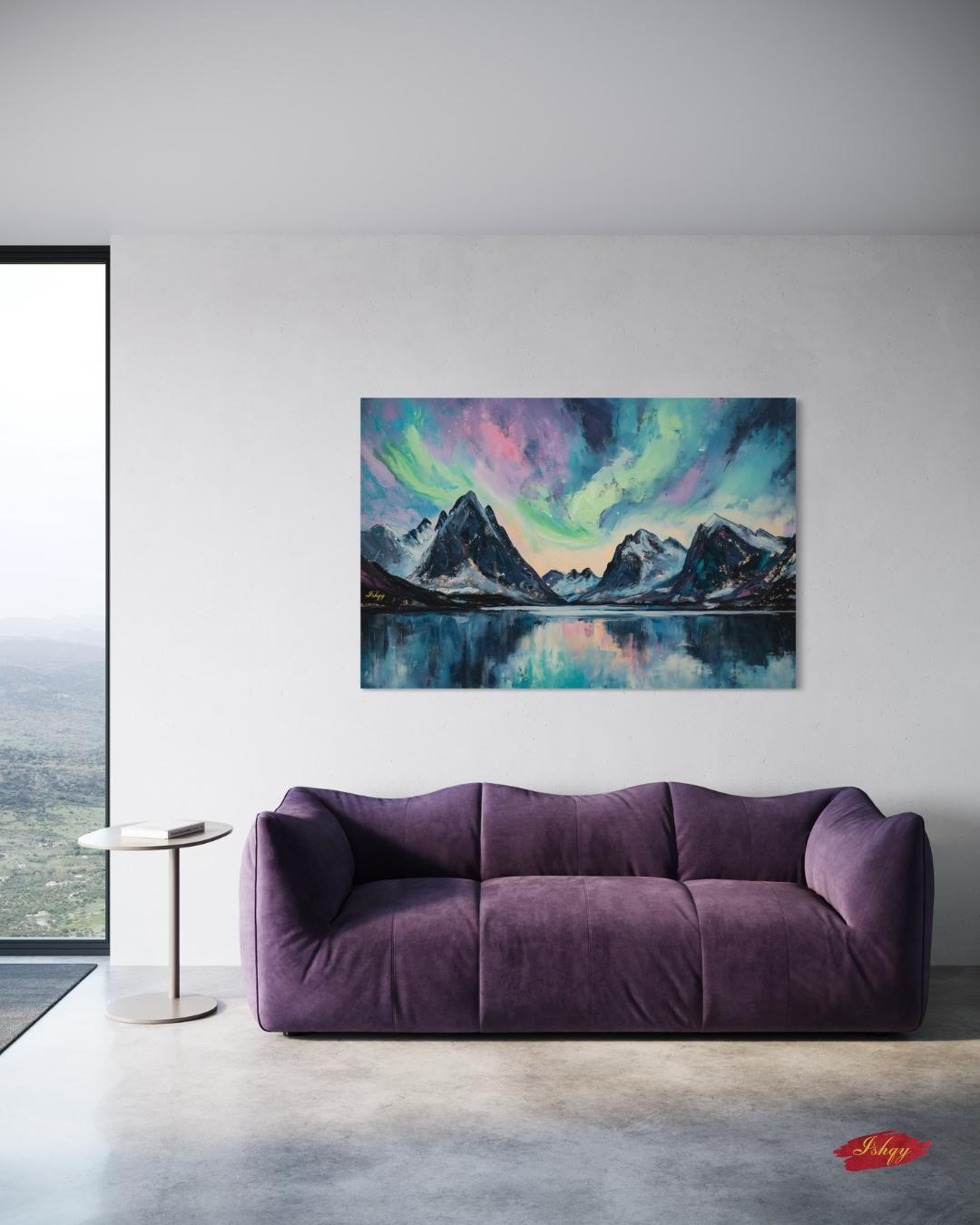 Northern Lights Painting Print, Canvas & Framed Canvas Aurora Borealis Wall Art, Arctic Mountain Landscape Home Decor Art Print