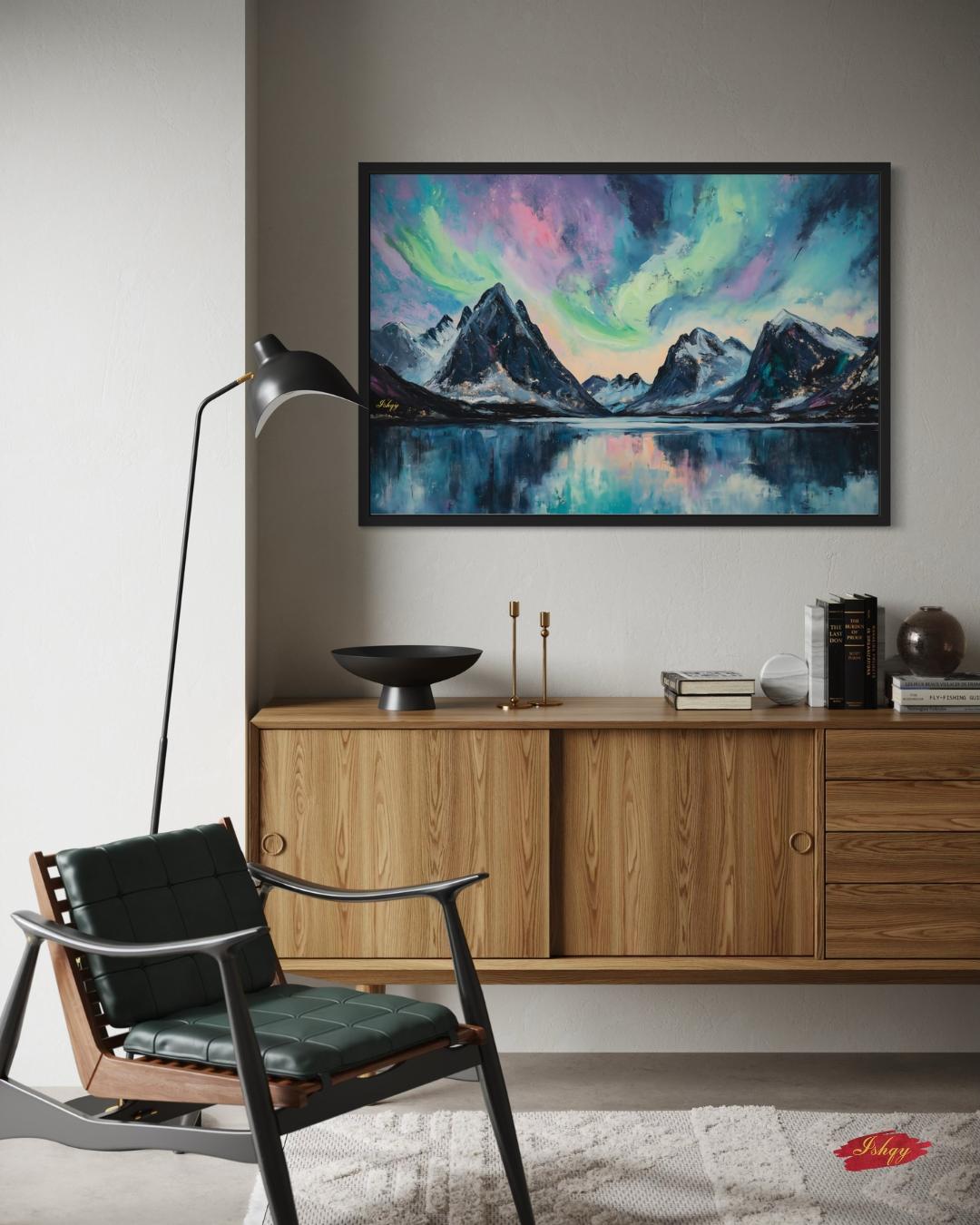 Northern Lights Painting Print, Canvas & Framed Canvas Aurora Borealis Wall Art, Arctic Mountain Landscape Home Decor Art Print