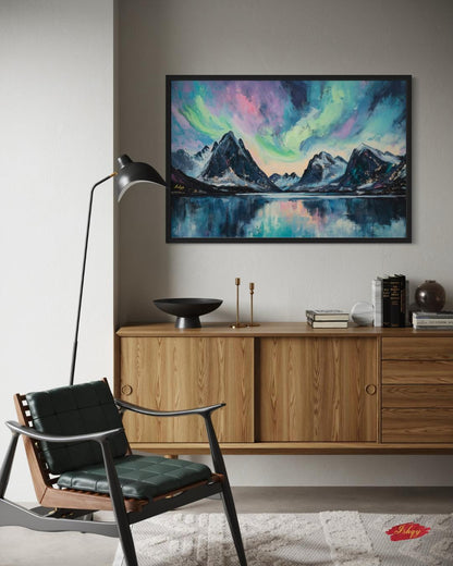 Northern Lights Painting Print, Canvas & Framed Canvas Aurora Borealis Wall Art, Arctic Mountain Landscape Home Decor Art Print