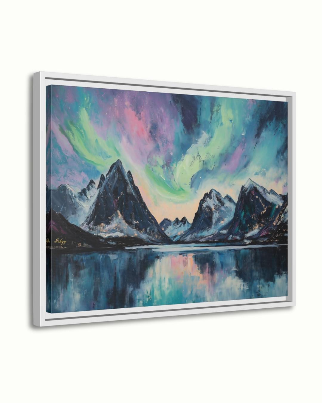 Northern Lights Painting Print, Canvas & Framed Canvas Aurora Borealis Wall Art, Arctic Mountain Landscape Home Decor Art Print