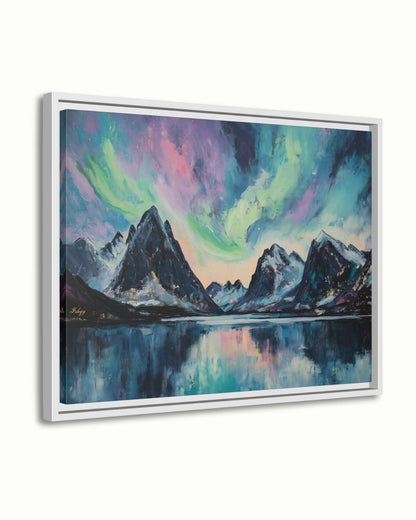 Northern Lights Painting Print, Canvas & Framed Canvas Aurora Borealis Wall Art, Arctic Mountain Landscape Home Decor Art Print