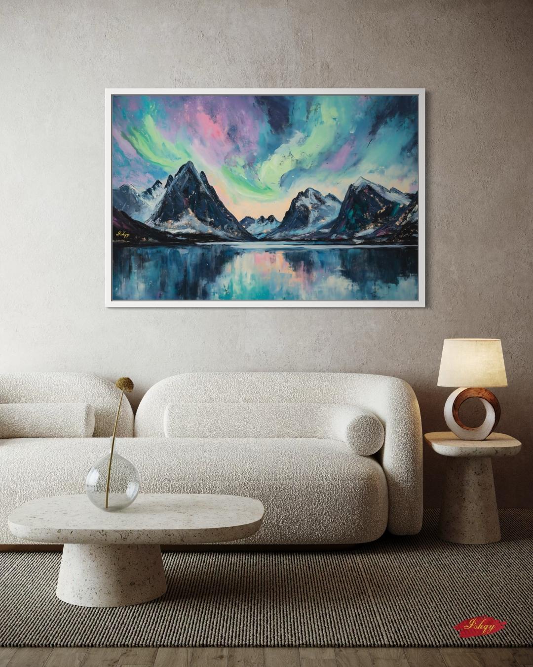 Northern Lights Painting Print, Canvas & Framed Canvas Aurora Borealis Wall Art, Arctic Mountain Landscape Home Decor Art Print