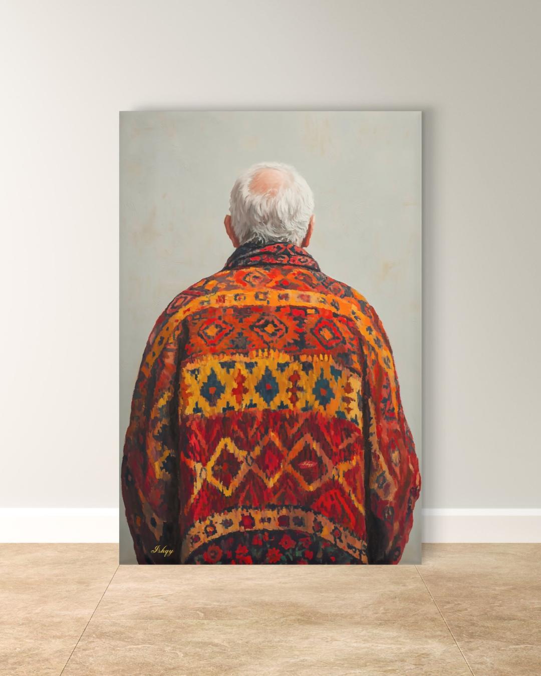 Uzbek Man Textile Art Print Canvas, Central Asian Wall Decor, Cultural Portrait Artwork, Boho Home Decor, Rustic Ethnic Pattern Canvas Art
