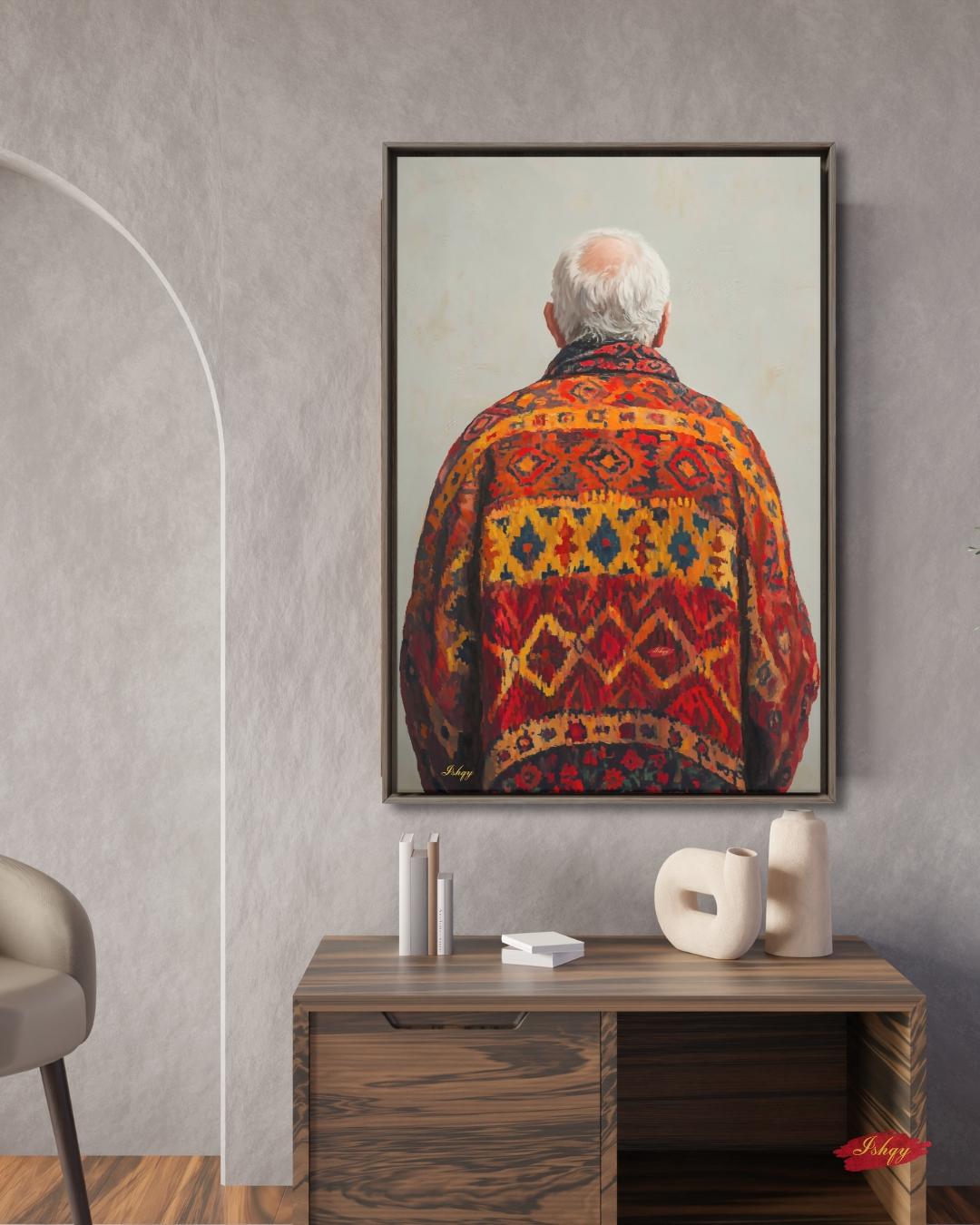 Uzbek Man Textile Art Print Canvas, Central Asian Wall Decor, Cultural Portrait Artwork, Boho Home Decor, Rustic Ethnic Pattern Canvas Art