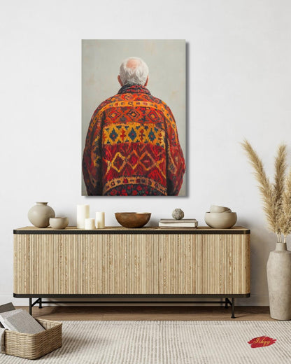 Uzbek Man Textile Art Print Canvas, Central Asian Wall Decor, Cultural Portrait Artwork, Boho Home Decor, Rustic Ethnic Pattern Canvas Art
