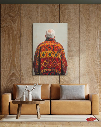 Uzbek Man Textile Art Print Canvas, Central Asian Wall Decor, Cultural Portrait Artwork, Boho Home Decor, Rustic Ethnic Pattern Canvas Art