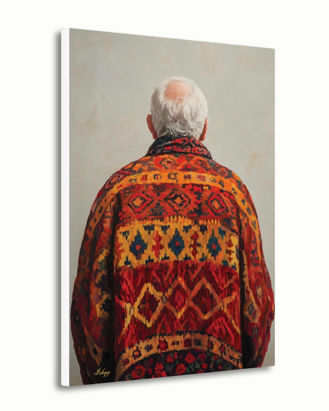 Uzbek Man Textile Art Print Canvas, Central Asian Wall Decor, Cultural Portrait Artwork, Boho Home Decor, Rustic Ethnic Pattern Canvas Art