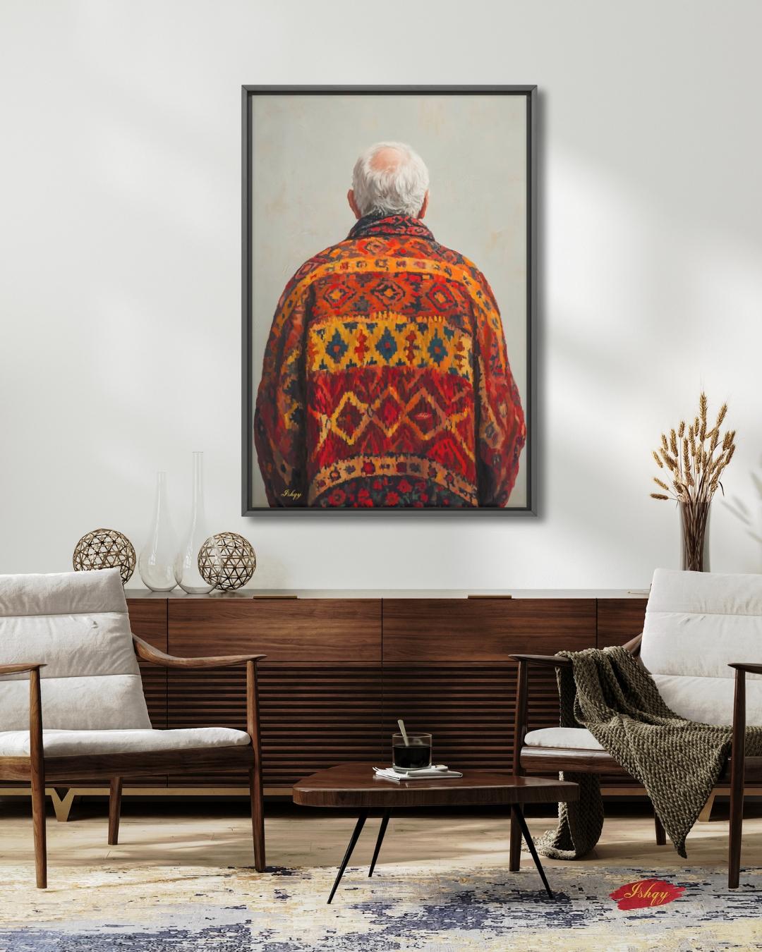 Uzbek Man Textile Art Print Canvas, Central Asian Wall Decor, Cultural Portrait Artwork, Boho Home Decor, Rustic Ethnic Pattern Canvas Art