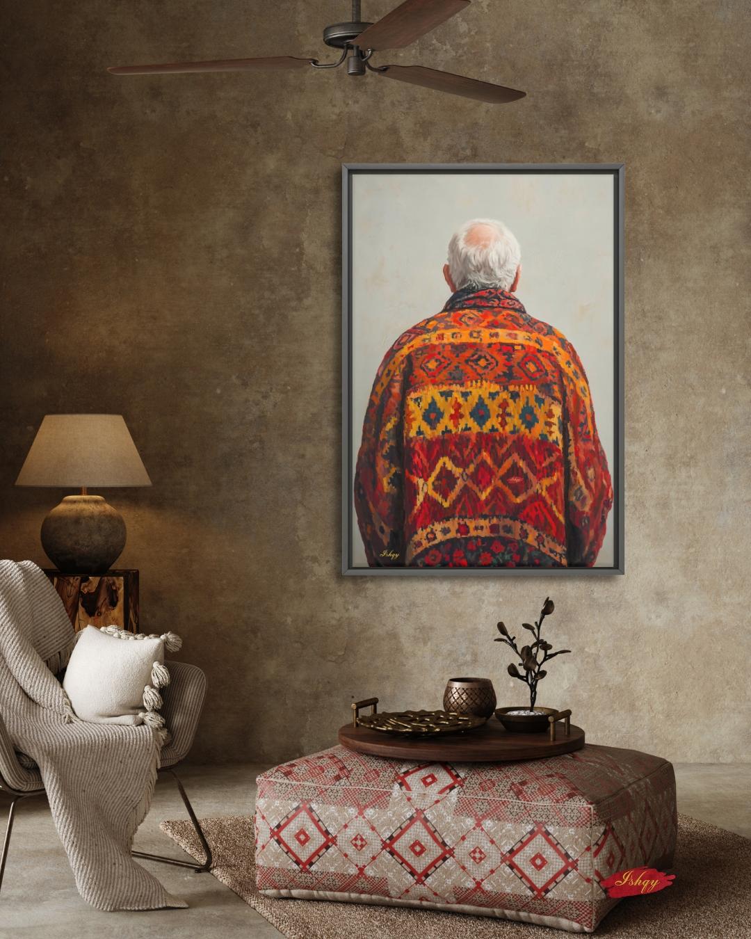 Uzbek Man Textile Art Print Canvas, Central Asian Wall Decor, Cultural Portrait Artwork, Boho Home Decor, Rustic Ethnic Pattern Canvas Art