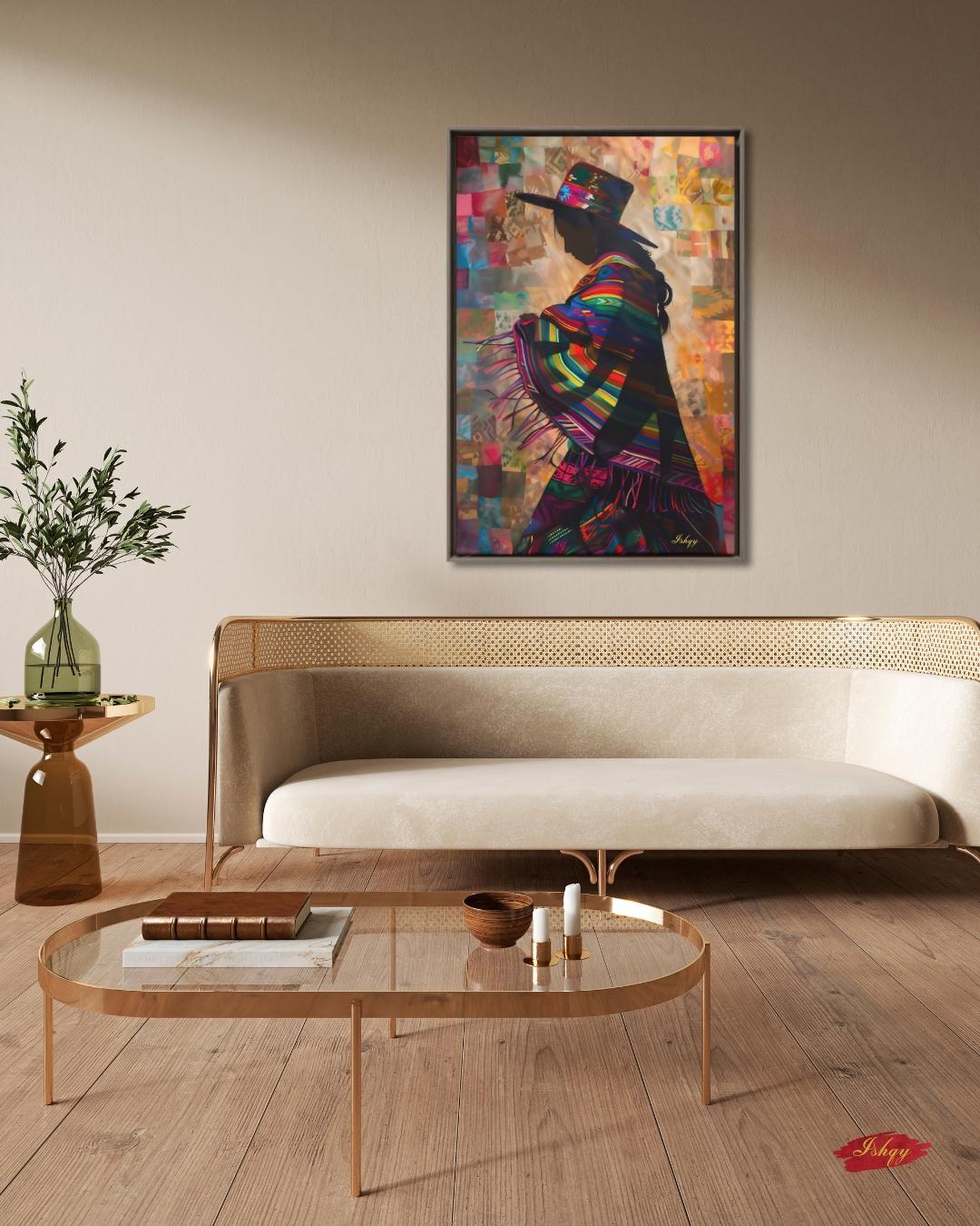 Peruvian Woman Wall Art, Andean Textile Silhouette Painting, South American Cultural Print, Boho Colorful Home Decor for Living Room Canvas