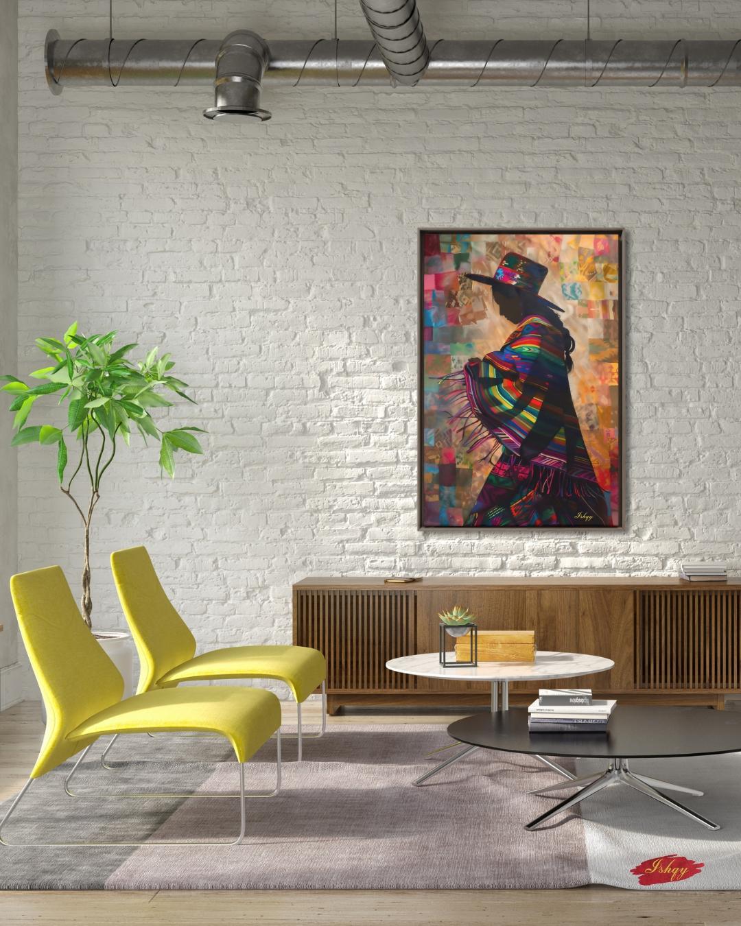 Peruvian Woman Wall Art, Andean Textile Silhouette Painting, South American Cultural Print, Boho Colorful Home Decor for Living Room Canvas
