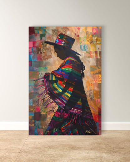Peruvian Woman Wall Art, Andean Textile Silhouette Painting, South American Cultural Print, Boho Colorful Home Decor for Living Room Canvas