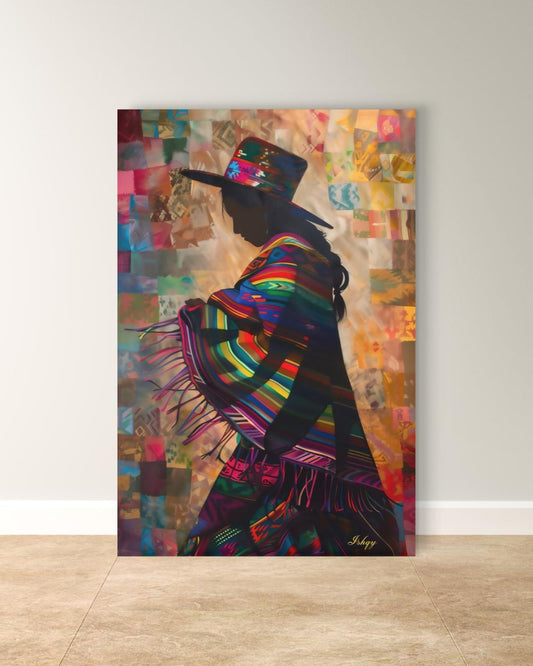 Peruvian Woman Wall Art, Andean Textile Silhouette Painting, South American Cultural Print, Boho Colorful Home Decor for Living Room Canvas