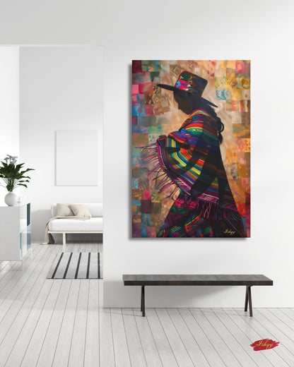 Peruvian Woman Wall Art, Andean Textile Silhouette Painting, South American Cultural Print, Boho Colorful Home Decor for Living Room Canvas