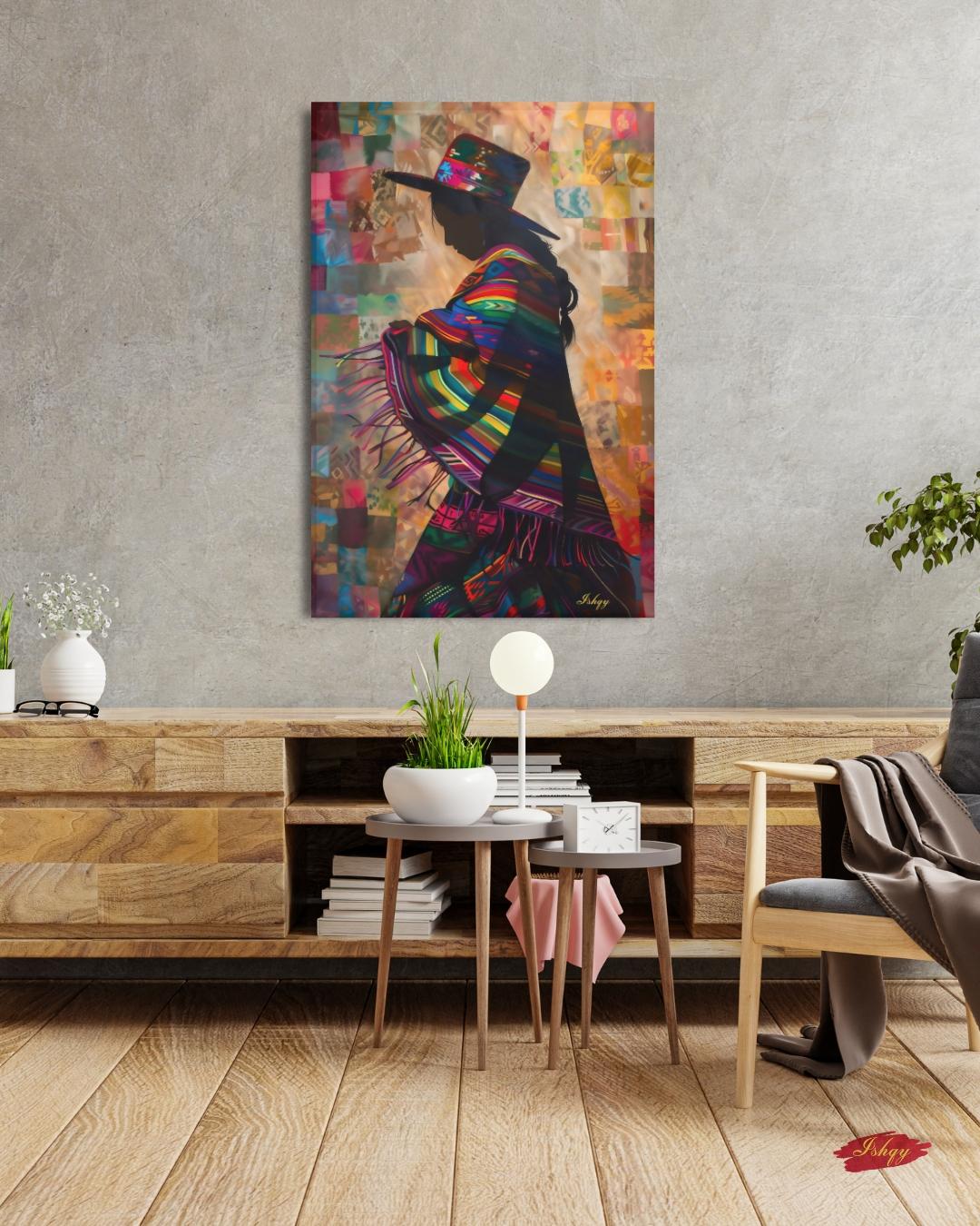 Peruvian Woman Wall Art, Andean Textile Silhouette Painting, South American Cultural Print, Boho Colorful Home Decor for Living Room Canvas