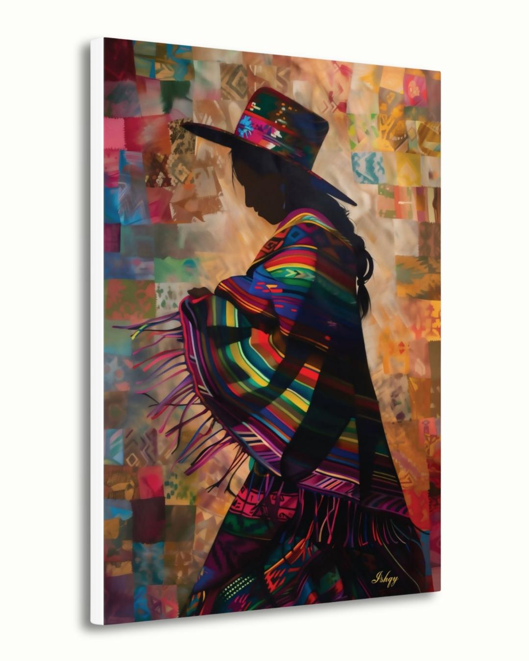 Peruvian Woman Wall Art, Andean Textile Silhouette Painting, South American Cultural Print, Boho Colorful Home Decor for Living Room Canvas