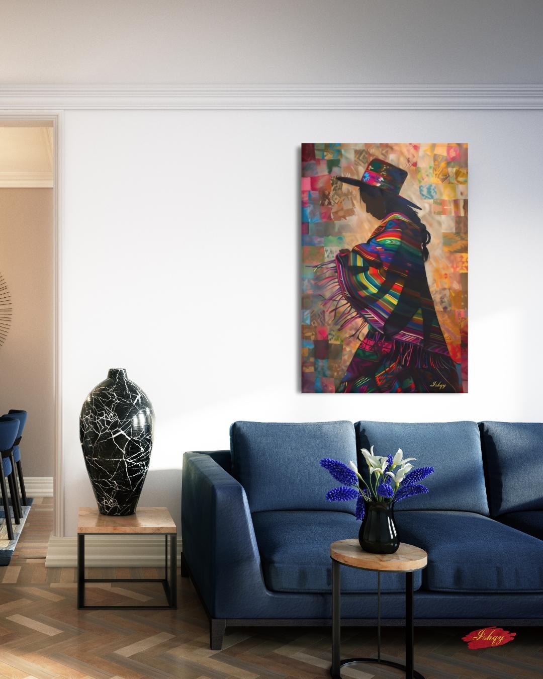 Peruvian Woman Wall Art, Andean Textile Silhouette Painting, South American Cultural Print, Boho Colorful Home Decor for Living Room Canvas