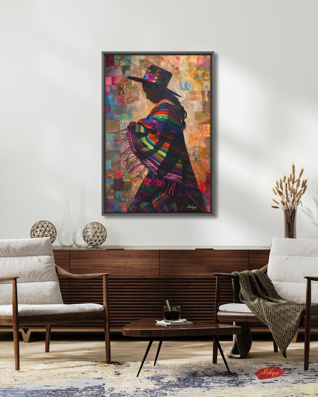 Peruvian Woman Wall Art, Andean Textile Silhouette Painting, South American Cultural Print, Boho Colorful Home Decor for Living Room Canvas