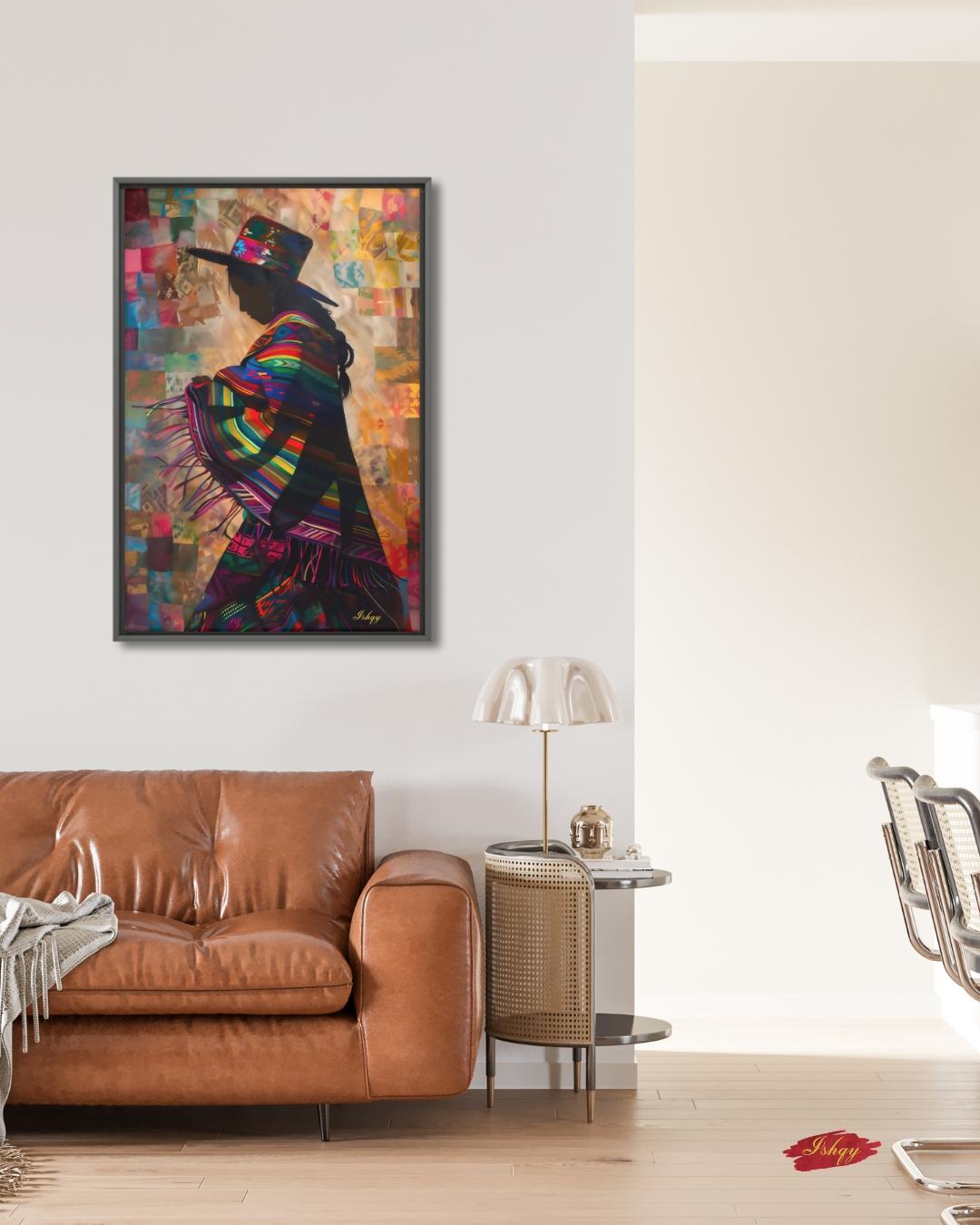 Peruvian Woman Wall Art, Andean Textile Silhouette Painting, South American Cultural Print, Boho Colorful Home Decor for Living Room Canvas