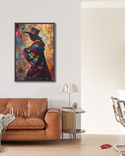 Peruvian Woman Wall Art, Andean Textile Silhouette Painting, South American Cultural Print, Boho Colorful Home Decor for Living Room Canvas