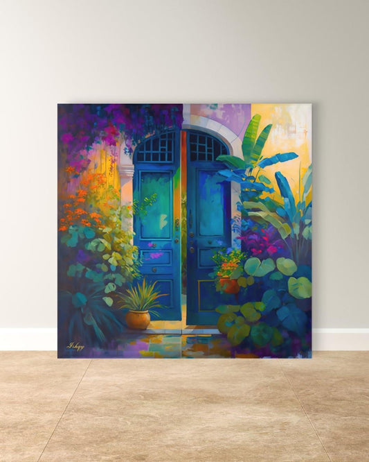 Colorful Blue Door Wall Art, Vibrant Floral Entryway Print, Mediterranean Garden Canvas, Tropical Botanical Artwork, Home Living Room Decor
