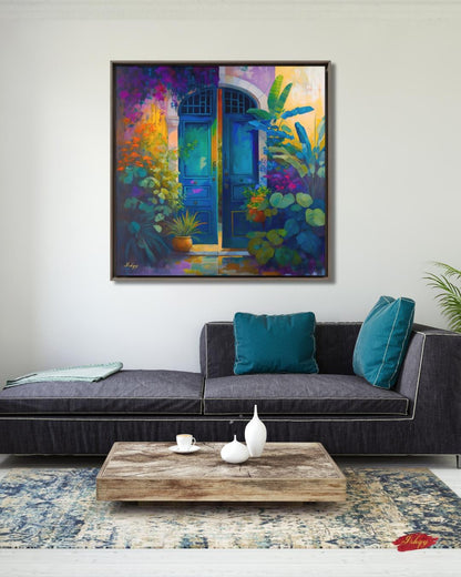 Colorful Blue Door Wall Art, Vibrant Floral Entryway Print, Mediterranean Garden Canvas, Tropical Botanical Artwork, Home Living Room Decor