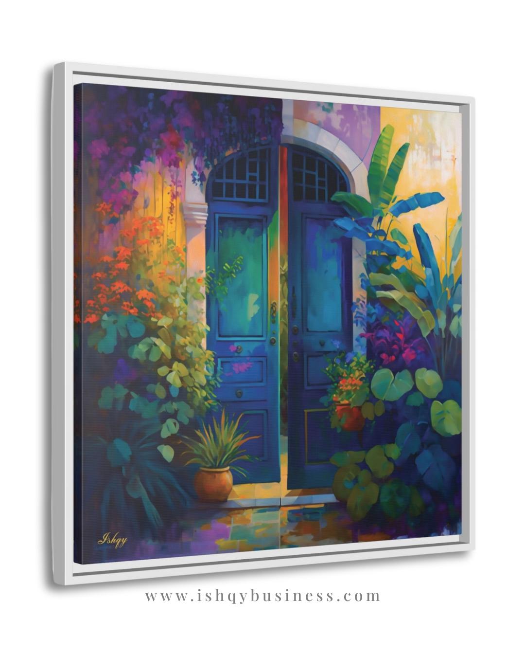 Colorful Blue Door Wall Art, Vibrant Floral Entryway Print, Mediterranean Garden Canvas, Tropical Botanical Artwork, Home Living Room Decor