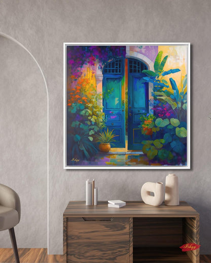 Colorful Blue Door Wall Art, Vibrant Floral Entryway Print, Mediterranean Garden Canvas, Tropical Botanical Artwork, Home Living Room Decor