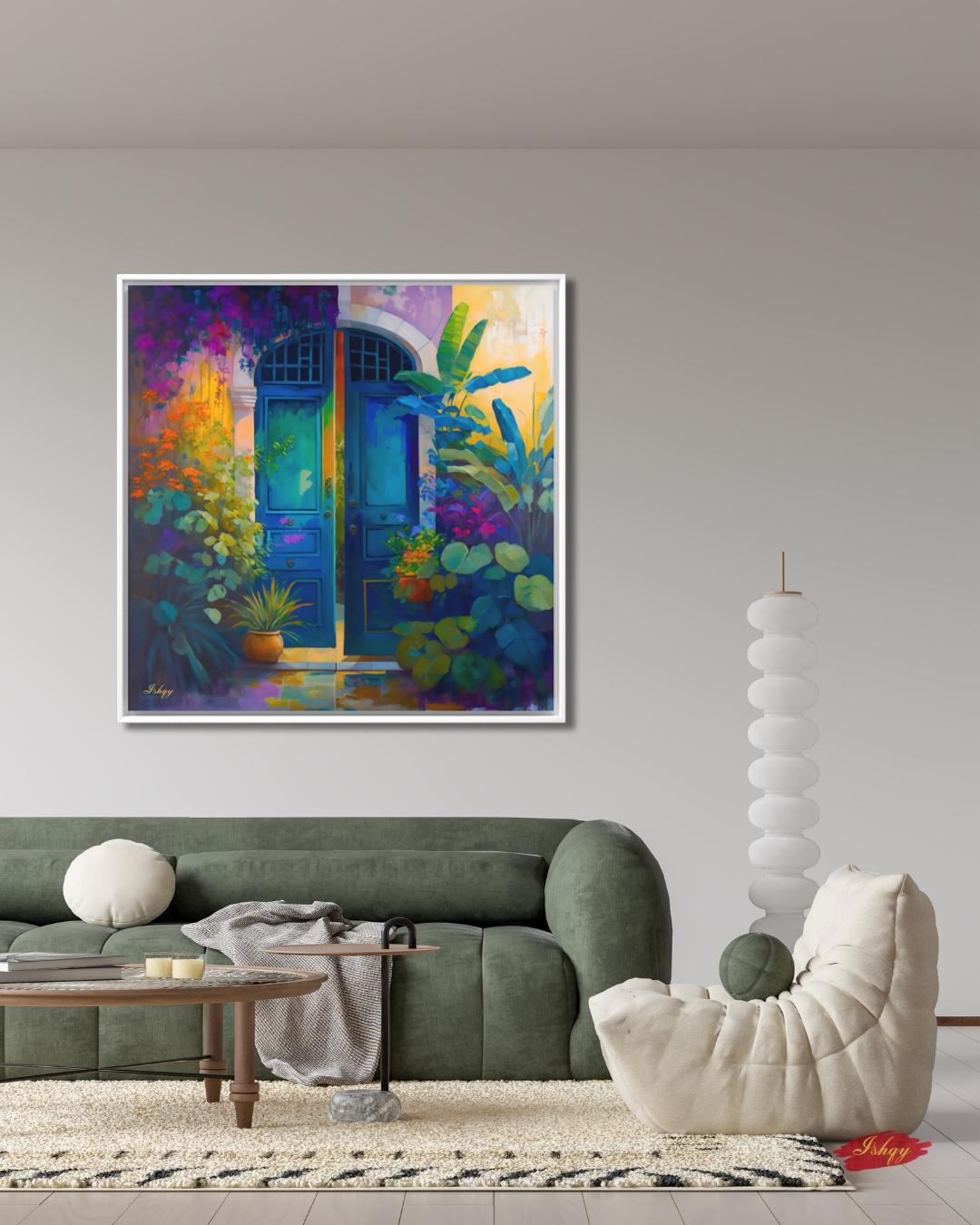 Colorful Blue Door Wall Art, Vibrant Floral Entryway Print, Mediterranean Garden Canvas, Tropical Botanical Artwork, Home Living Room Decor