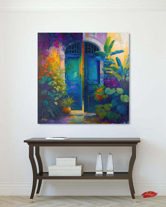 Colorful Blue Door Wall Art, Vibrant Floral Entryway Print, Mediterranean Garden Canvas, Tropical Botanical Artwork, Home Living Room Decor
