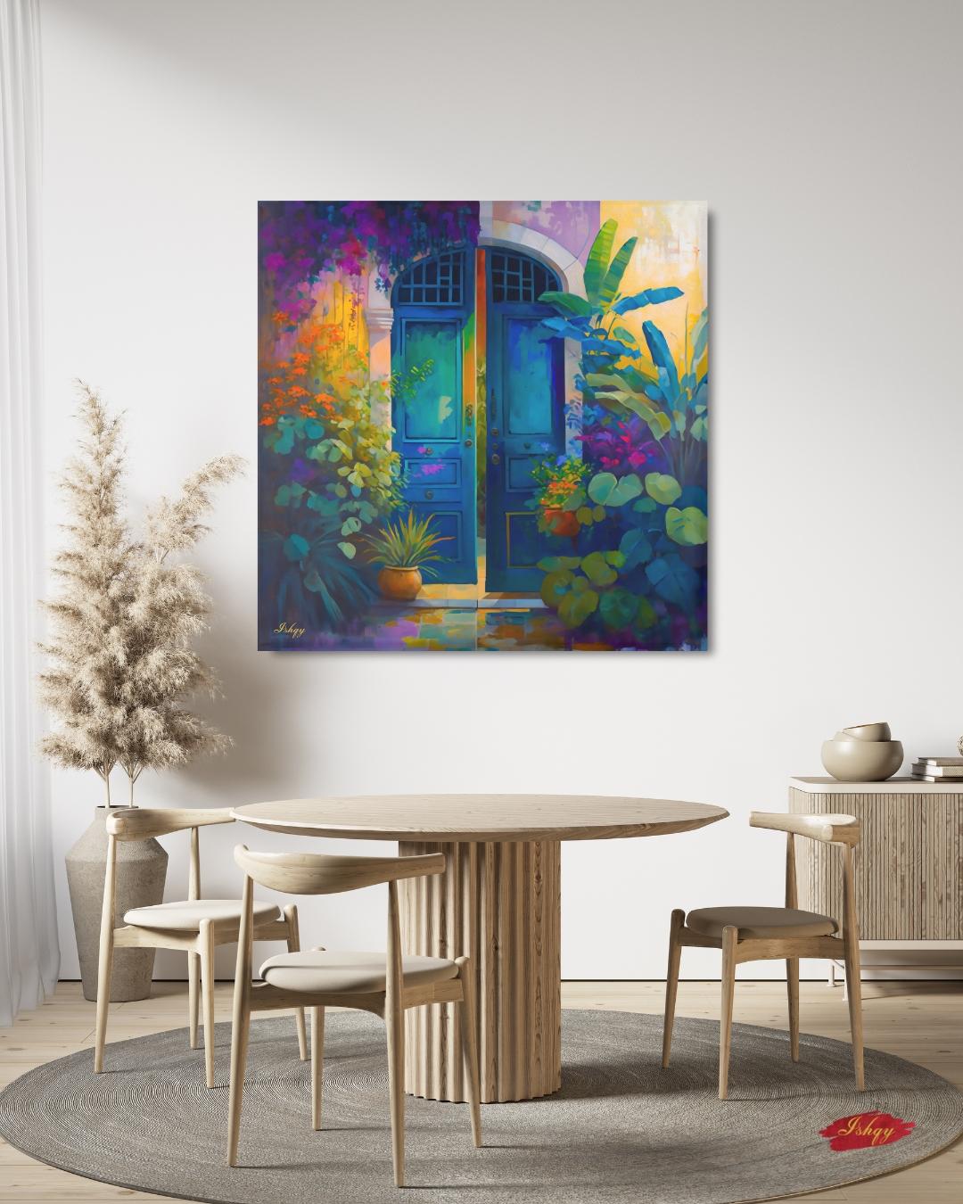 Colorful Blue Door Wall Art, Vibrant Floral Entryway Print, Mediterranean Garden Canvas, Tropical Botanical Artwork, Home Living Room Decor