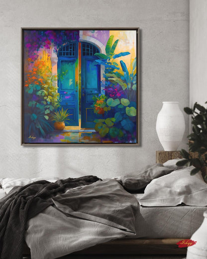 Colorful Blue Door Wall Art, Vibrant Floral Entryway Print, Mediterranean Garden Canvas, Tropical Botanical Artwork, Home Living Room Decor