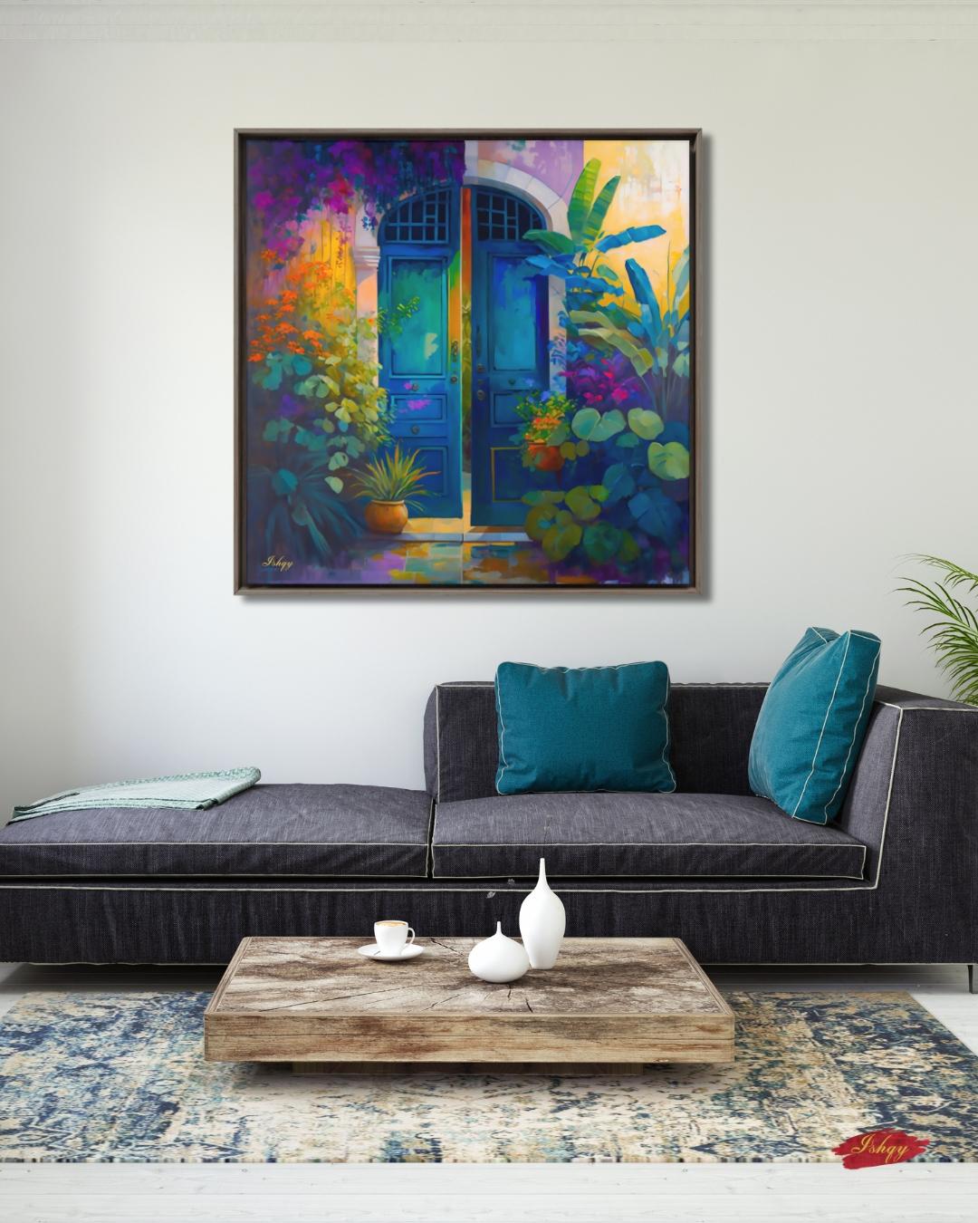 Colorful Blue Door Wall Art, Vibrant Floral Entryway Print, Mediterranean Garden Canvas, Tropical Botanical Artwork, Home Living Room Decor