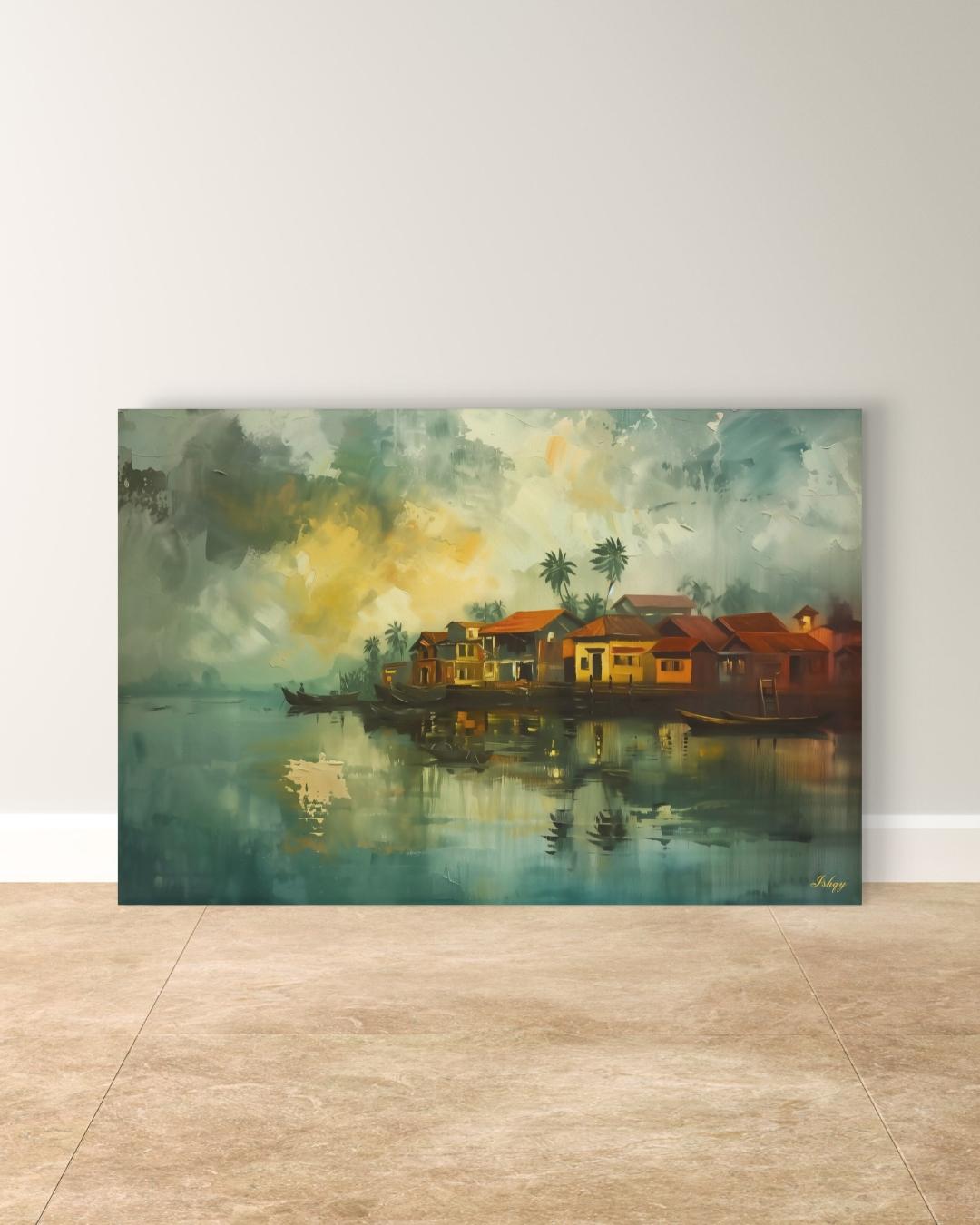 Kochi City Landscape Painting Canvas Framed Canvas, Kerala Backwaters Art Print, India Wall Art For Living Room Office Home, Coastal Decor