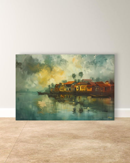 Kochi City Landscape Painting Canvas Framed Canvas, Kerala Backwaters Art Print, India Wall Art For Living Room Office Home, Coastal Decor