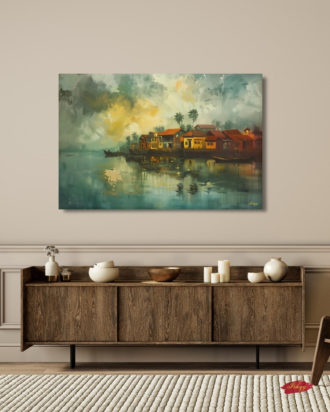 Kochi City Landscape Painting Canvas Framed Canvas, Kerala Backwaters Art Print, India Wall Art For Living Room Office Home, Coastal Decor