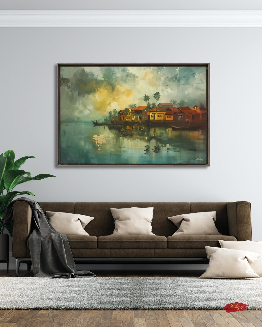 Kochi City Landscape Painting Canvas Framed Canvas, Kerala Backwaters Art Print, India Wall Art For Living Room Office Home, Coastal Decor