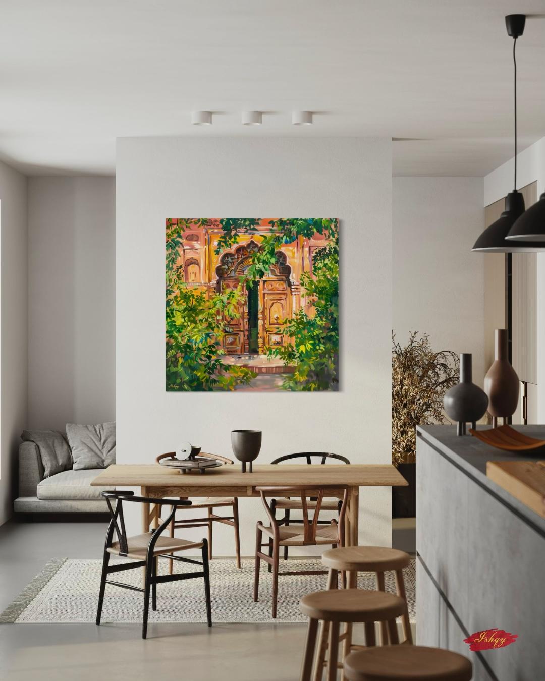 Jaipur Doorway Wall Art Print, Canvas, Framed Canvas, Rajasthan Palace Entrance with Lush Greens, Boho Vintage Indian Decor for Living Room