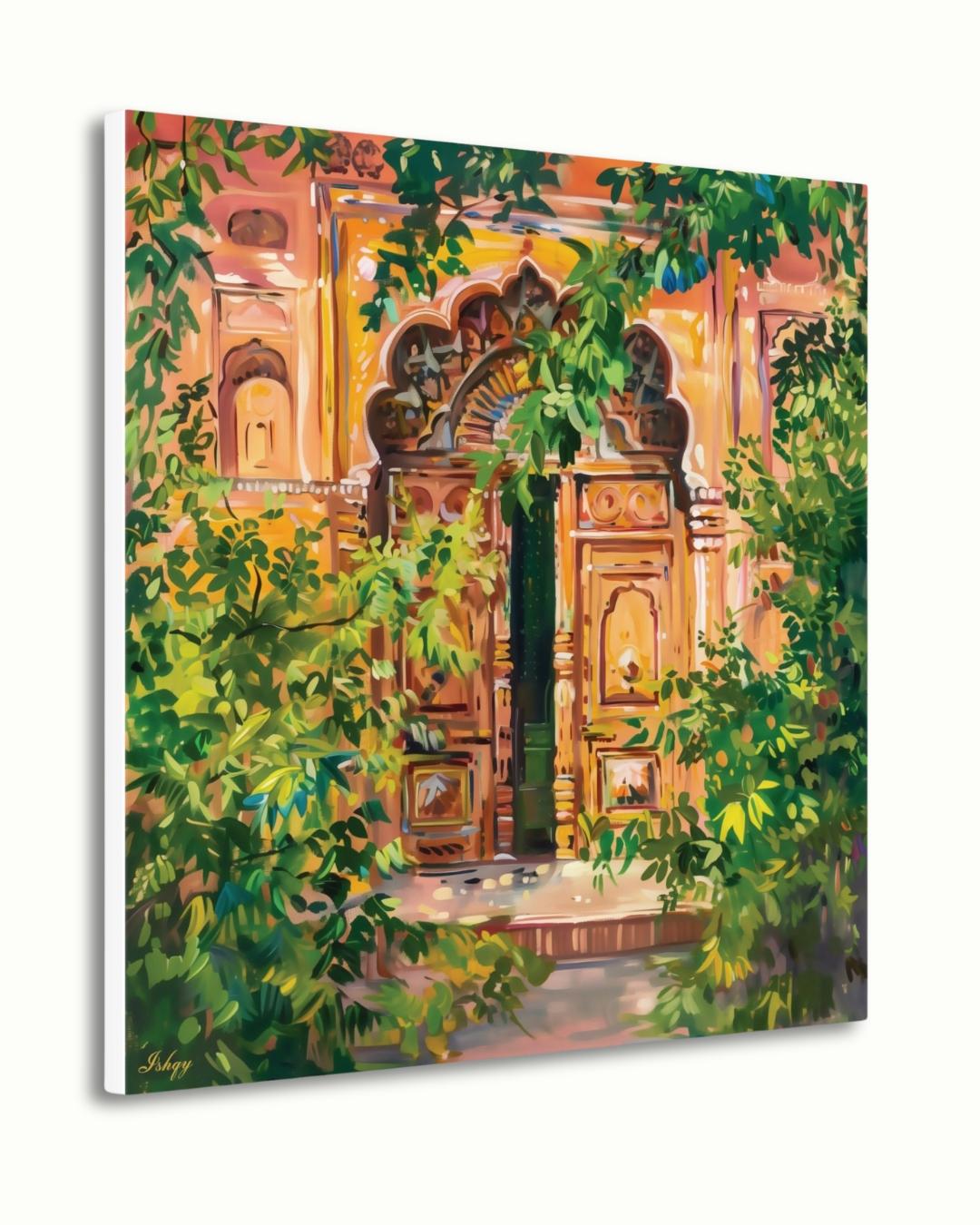 Jaipur Doorway Wall Art Print, Canvas, Framed Canvas, Rajasthan Palace Entrance with Lush Greens, Boho Vintage Indian Decor for Living Room