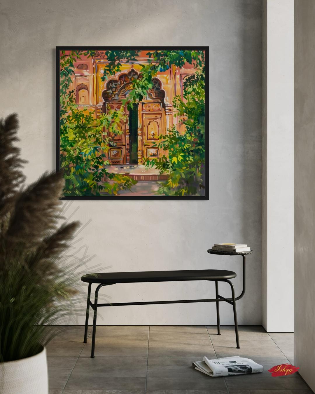 Jaipur Doorway Wall Art Print, Canvas, Framed Canvas, Rajasthan Palace Entrance with Lush Greens, Boho Vintage Indian Decor for Living Room