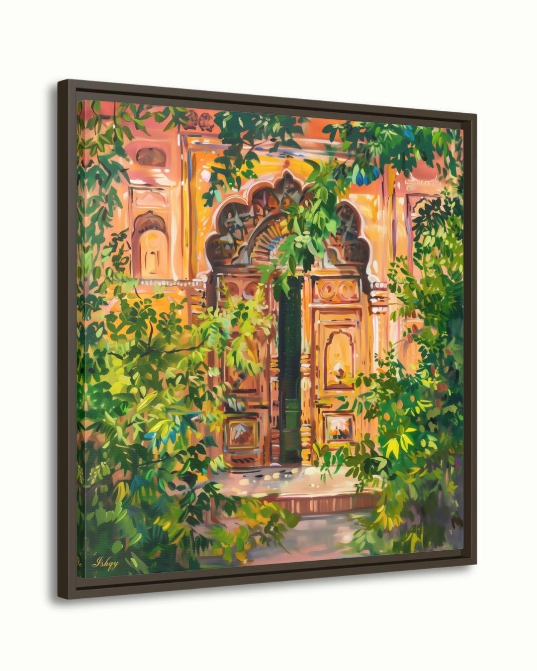 Jaipur Doorway Wall Art Print, Canvas, Framed Canvas, Rajasthan Palace Entrance with Lush Greens, Boho Vintage Indian Decor for Living Room