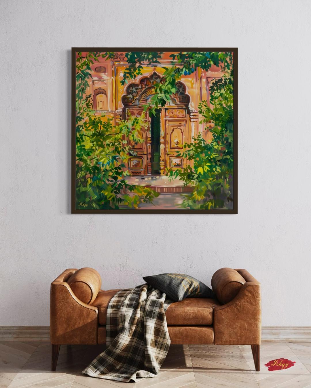 Jaipur Doorway Wall Art Print, Canvas, Framed Canvas, Rajasthan Palace Entrance with Lush Greens, Boho Vintage Indian Decor for Living Room