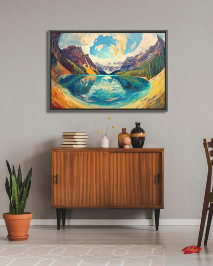 Banff Landscape Canvas Wall Art, Canadian Mountain Lake Painting, Colorful Alpine Scenery, Nature Home Decor, Large Modern Travel Art