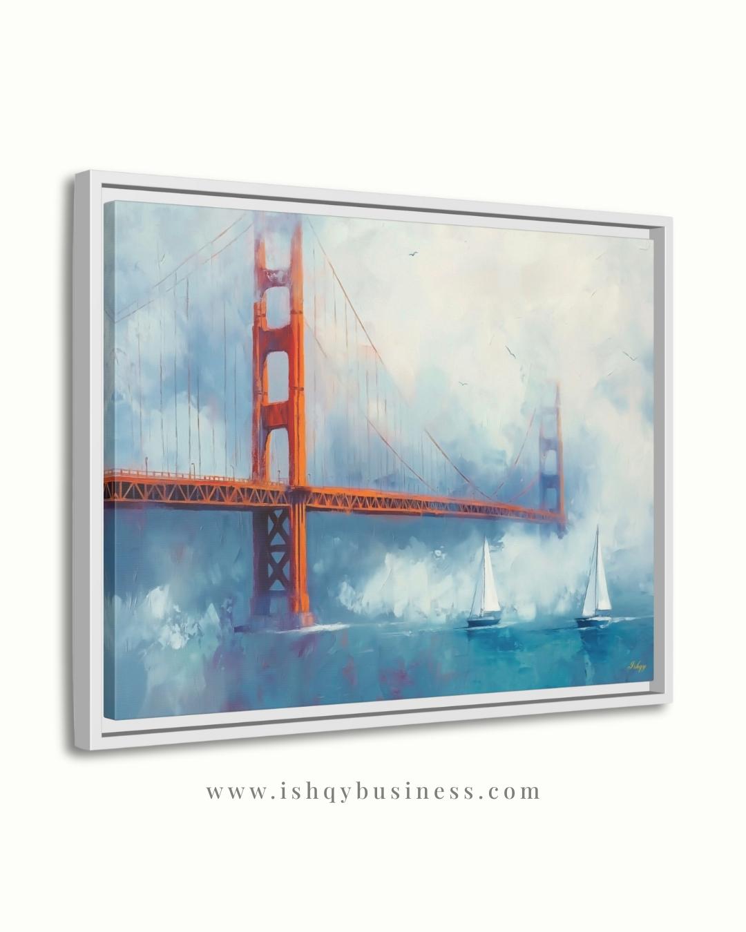 Golden Gate Bridge Wall Art, San Francisco Seascape Canvas Painting with Sailboats, Coastal Cityscape Artwork for Modern Home Decor