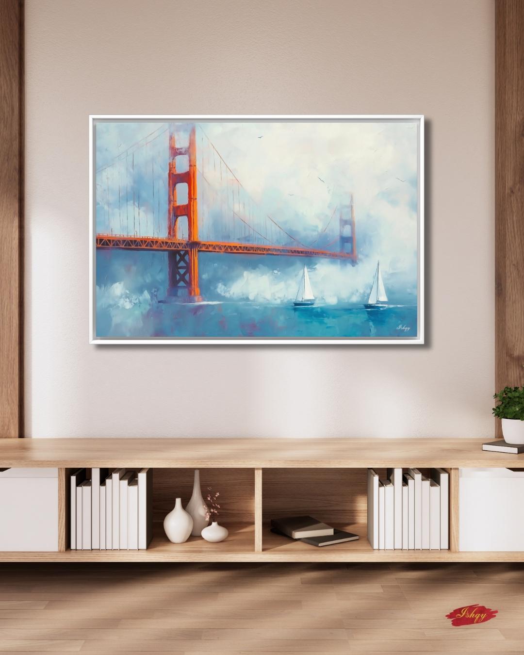 Golden Gate Bridge Wall Art, San Francisco Seascape Canvas Painting with Sailboats, Coastal Cityscape Artwork for Modern Home Decor