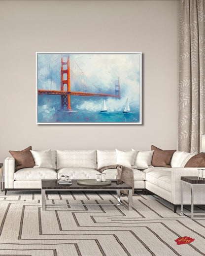 Golden Gate Bridge Wall Art, San Francisco Seascape Canvas Painting with Sailboats, Coastal Cityscape Artwork for Modern Home Decor