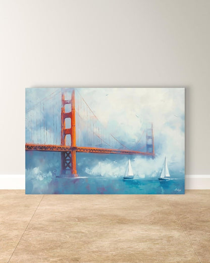 Golden Gate Bridge Wall Art, San Francisco Seascape Canvas Painting with Sailboats, Coastal Cityscape Artwork for Modern Home Decor