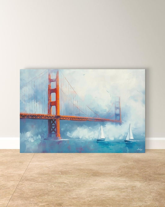Golden Gate Bridge Wall Art, San Francisco Seascape Canvas Painting with Sailboats, Coastal Cityscape Artwork for Modern Home Decor