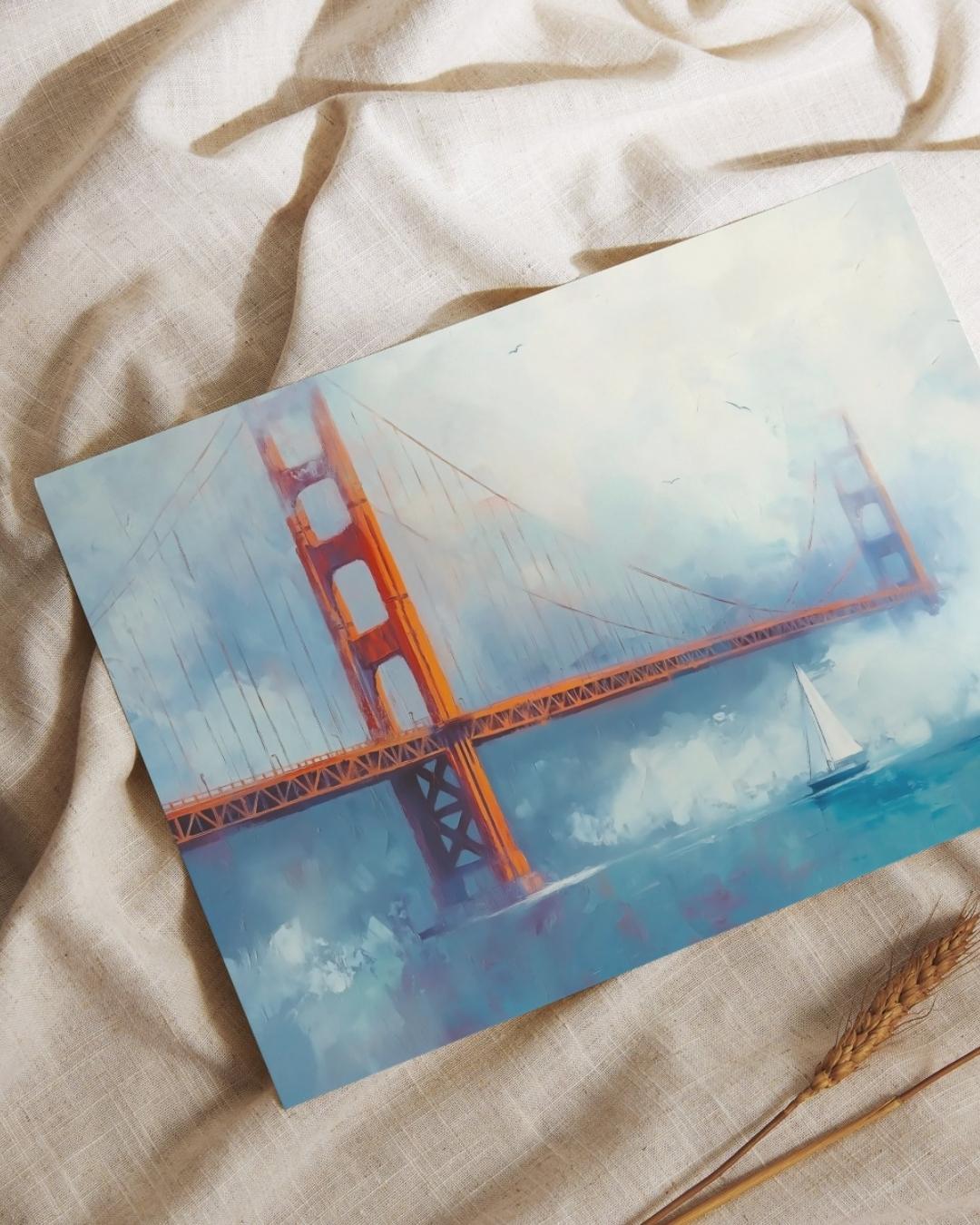 Golden Gate Bridge Wall Art, San Francisco Seascape Canvas Painting with Sailboats, Coastal Cityscape Artwork for Modern Home Decor